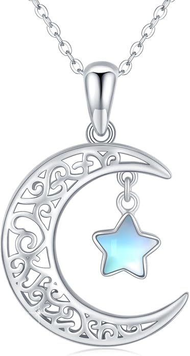 TRISHULA Moon Star Necklace, 925 Sterling Silver Crescent Moon Sun Pendant with Moonstone Crescent Jewelry Gift for Her Sister Birthday Christmas