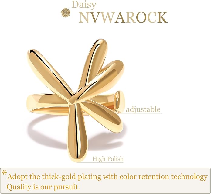 18K Gold Plated Daisy Flower Rings for Women | Cute Adjustable Open Statement Ring | Petal Personalized Polished Band Ring Size 5 to 10