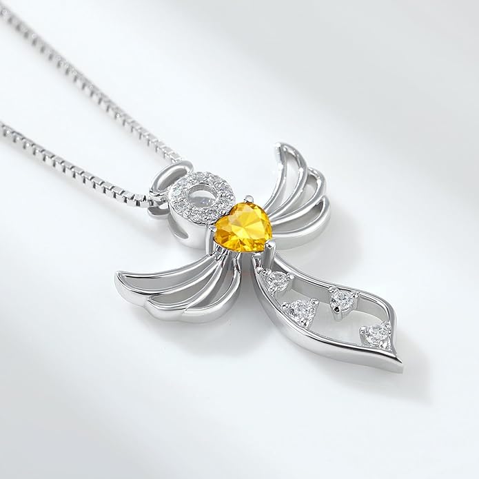 925 Sterling Silver Guardian Angel Pendant Necklace for Women - Birthstone Cubic Zirconia, 18" Chain, Gift for Her