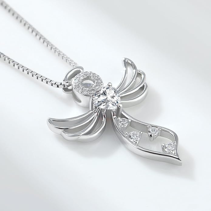 925 Sterling Silver Guardian Angel Pendant Necklace for Women - Birthstone Cubic Zirconia, 18" Chain, Gift for Her
