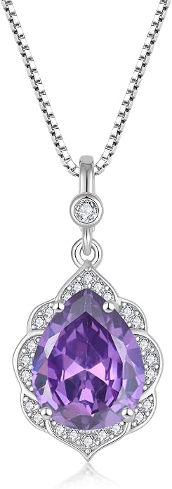 Fahonie Birthstone Necklace for Women 925 Sterling Silver Teardrop Gemstone Pendant Necklace Anniversary Birthday Christmas Cubic Zirconia Jewelry Gifts for Women Mom