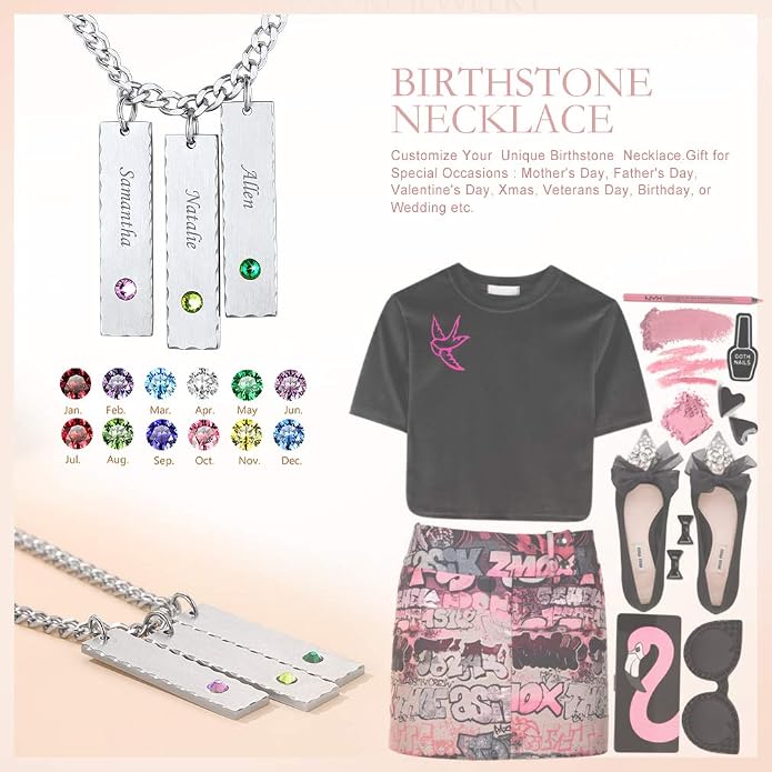 Custom4U Personalized Birthstone Bar Necklaces for Women, Custom Handmade Silver/Black/Gold Vertical Bar Pendants with 1-3 Names Engraved,Unique Memorial Necklace for Her