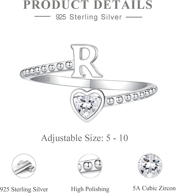 Step Forward 925 Sterling Silver Adjustable Initial Ring for Women | Non Tarnish Letter Rings for Lady | Alphabet Heart Thumb Rings | Capital Letter Jewelry Gifts