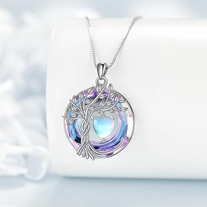 POPLYKE Mothers Day Gifts for Mom Her Wife Tree of Life Necklace 925 Sterling Silver Birthstone Pendant with Crystal Anniversary Birthday Wedding Jewelry for Women