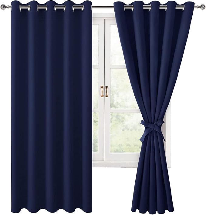 Hiasan Blackout Curtains for Bedroom, 60 x 63 Inches Length - Thermal Insulated & Light Blocking Window Curtains for Living Room, 2 Drape Panels Sewn with Tiebacks, Navy Blue