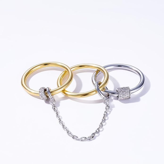 KissYan Stackable Rings for Women, 14k Gold Plate Interlocked Multi Ring Set Dainty Pave CZ Personalized Fashion Two-Toned Mixed Metals Stacking Jewelry Trendy Statement Gift