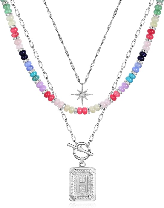 MJartoria Layered Initial Necklaces for Women Trendy, 14K Gold Plated Brass Simple Star Choker Square Letter Pendant Necklace, Colorful Beaded Necklaces Jewelry Gifts