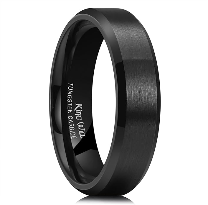 King Will Tungsten Men's Wedding Ring - Available in 6mm to 10mm, Black/Silver, Matte Finish, Beveled Polished Edge, Comfort Fit
