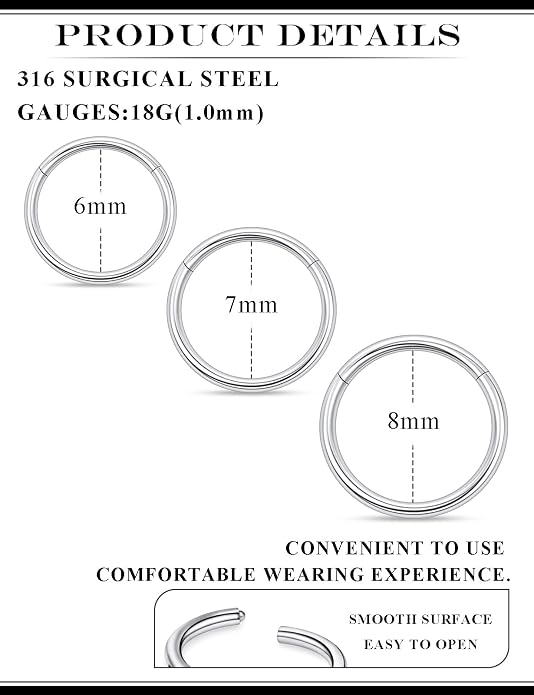 20G 18G 16G 14G 12G 10G 8G 6G 4G 2G Nose Rings Hoops 316l Surgical Steel Clicker Septum Lip Ring Tragus Helix Daith Rook Conch Snug Cartilage Lobe Earrings Hoop Piercing Jewelry For Women Men