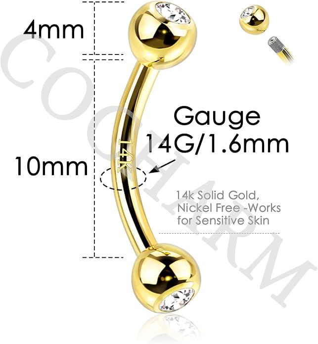 COCHARM 14K Gold Belly Button Rings Real Gold Cute Short/Long Upper 16g/14g Belly Piercing Rings Rook Barbell