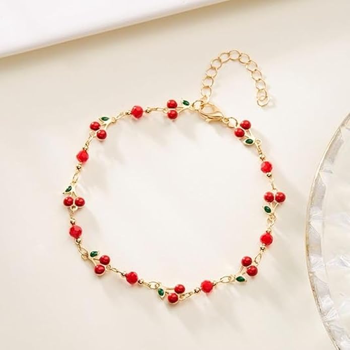 Cherry Bracelet for Women Gold Evil Eye Link Bracelet Dainty Flower Daisy Bracelets Pearl Butterfly Heart Charm Bracelets Adjustable Summer Beach Jewelry