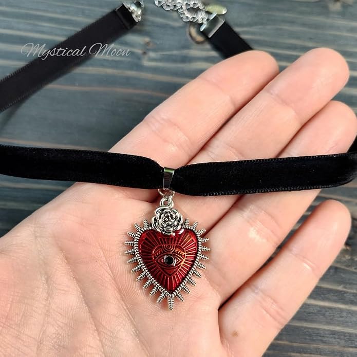 Gothic Black Velvet Choker Necklace with Red & Silver Heart Shaped Pendant Floral Rose Evil Eye Third Eye Goth Whimsigoth Handmade Jewelry Gift for Her Witchy Wiccan