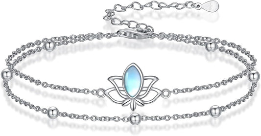 Dragonfly/Evil Eye/Hamsa Evil Eye/Lotus/Mushroom Anklet Bracelets for Women Sterling Silver Adjustable Double Layered Bracelet Anklet Mother's Day Jewelry Gifts Beach Jewelry