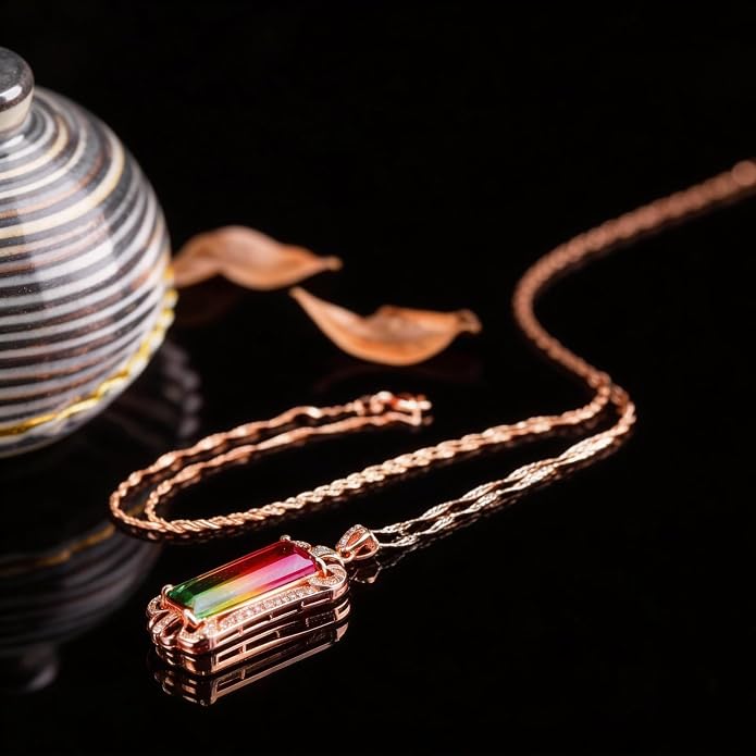Rainbow Tourmaline Pendant Necklace, Multicolor Gemstone, Rose Gold-Tone Setting, Personalized Jewelry Gift