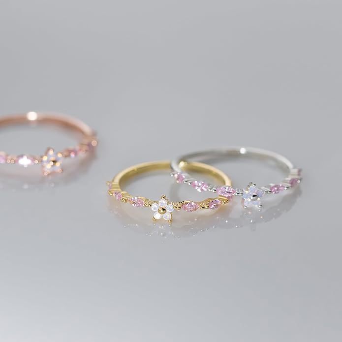 SUYACS 925 Sterling Silver Flower Rings with 6 Marquise Cut Pink Birthstone for Women Gold Plated Cute Opal Floral Small Stackable Ring Mother Daughter Statement Ring Jewelry Birthday Gifts