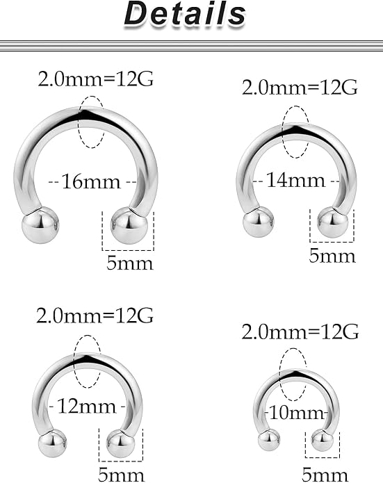 20G-00G Septum Rings Ear Gauges Earrings Stretching Kit 316L Surgical Steel Horseshoe Septum Pa Piercing Jewelry for Women 10mm 12mm 14mm 16mm