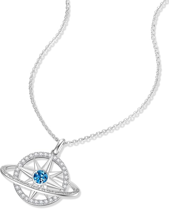 FANCIME Stellar Promise Birthstone Necklace for Women White Gold Plated Sterling Silver Planet Star Pendant Fine Jewelry Anniversary Birthday Mothers Day Gifts for Women Wife Friend Her