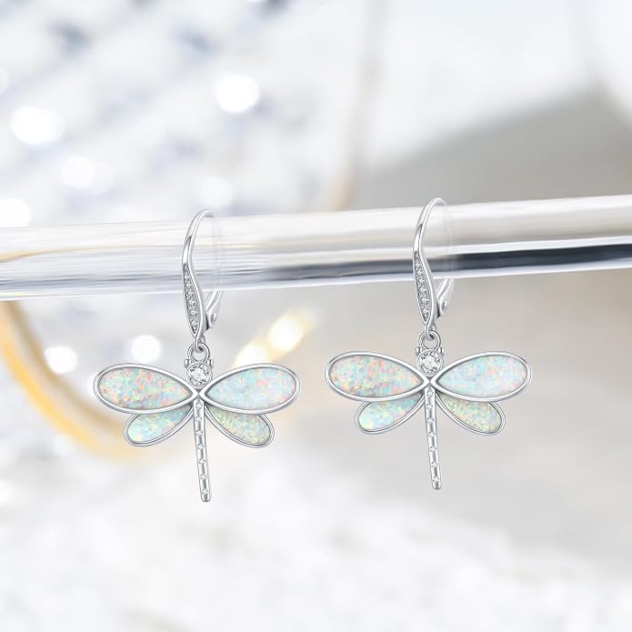 CUOKA MIRACLE Dragonfly Earrings 925 Sterling Silver Hoop Dragonfly Earrings Dangle Drop Opal Earring Dragonflies Jewelry Gifts for Women Wife