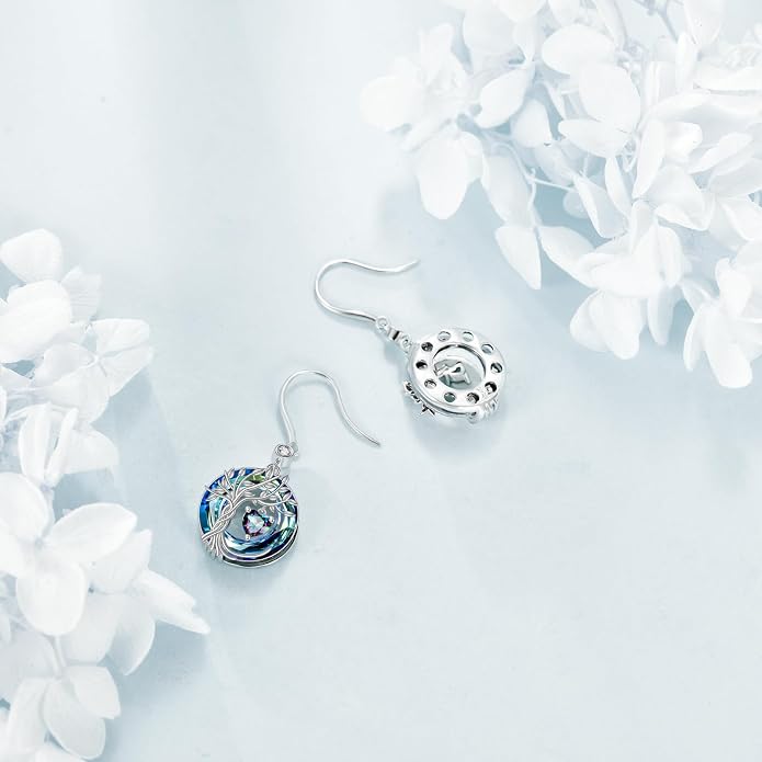 POPLYKE Tree of Life Birthstone Earrings 925 Sterling Silver Dainty Gemstone Birthstone Dangle Drop Earring with Crystal Fine Jewelry Birthday Gifts for Women Her