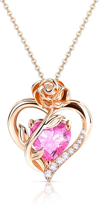Anniversary Birthday Gifts for Women - Heart Birthstone Necklace: 925 Sterling Silver Rose/White/Yellow Gold Pendant Necklaces Gold Jewelry Gift for Wife Girlfriend Mom Daughter Grandma