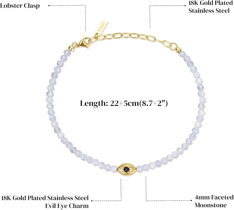 COAI Evil Eye Anklet for Women, Summer Waterproof Anklet for Women Lapis Lazuli Moonstone Black Tourmaline Ankle Bracelet