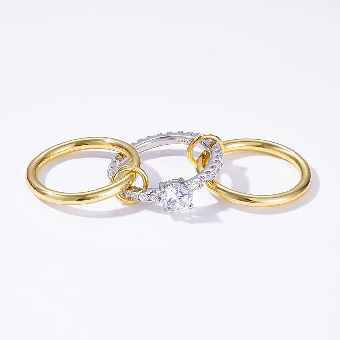 KissYan Stackable Rings for Women, 14k Gold Plate Interlocked Multi Ring Set Dainty Pave CZ Personalized Fashion Two-Toned Mixed Metals Stacking Jewelry Trendy Statement Gift