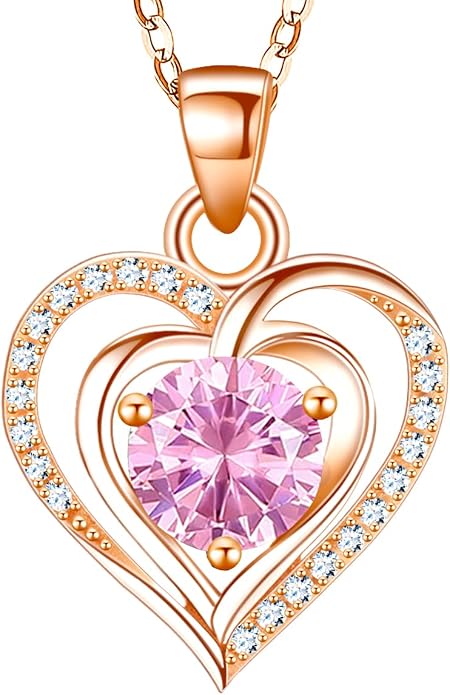 RIVIKO Heart Birthstone Pendant Necklace for Women 925 Sterling Silver Zirconia Necklaces Valentine's Day Anniversary Birthday Mothers Day Jewelry Gifts For Her Mother Wife