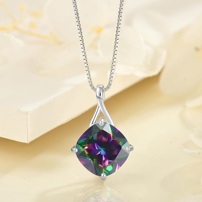 Square Cut Birthstone Necklace for Women Hypoallerg 925 Sterling Silver Cubic Zirconia Necklace Simple Jewelry for Her