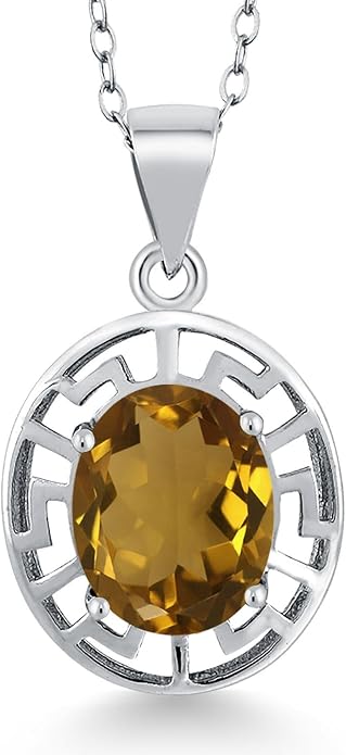 Gem Stone King 925 Sterling Silver 10X8MM Oval Gemstone Birthstone Necklace | Greek Key Pendant Necklace for Women | With 18 Inch Silver Chain