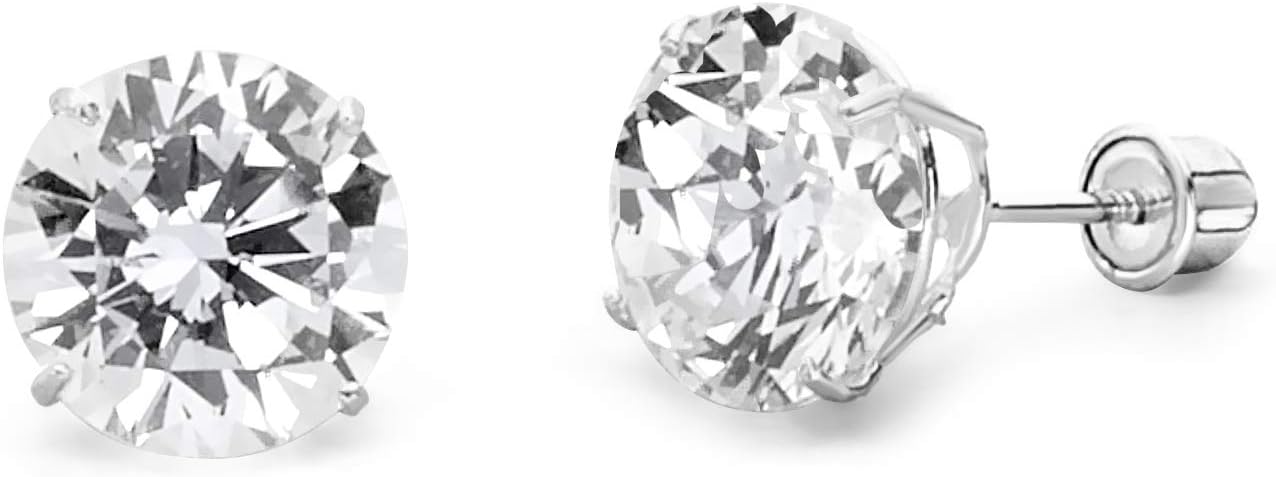 14k REAL Yellow/White Gold 2mm, 3mm, 4mm, 5mm, 6mm, 7mm, 8mm Round Solitaire Basket Set Stud Earrings with Screw Backs