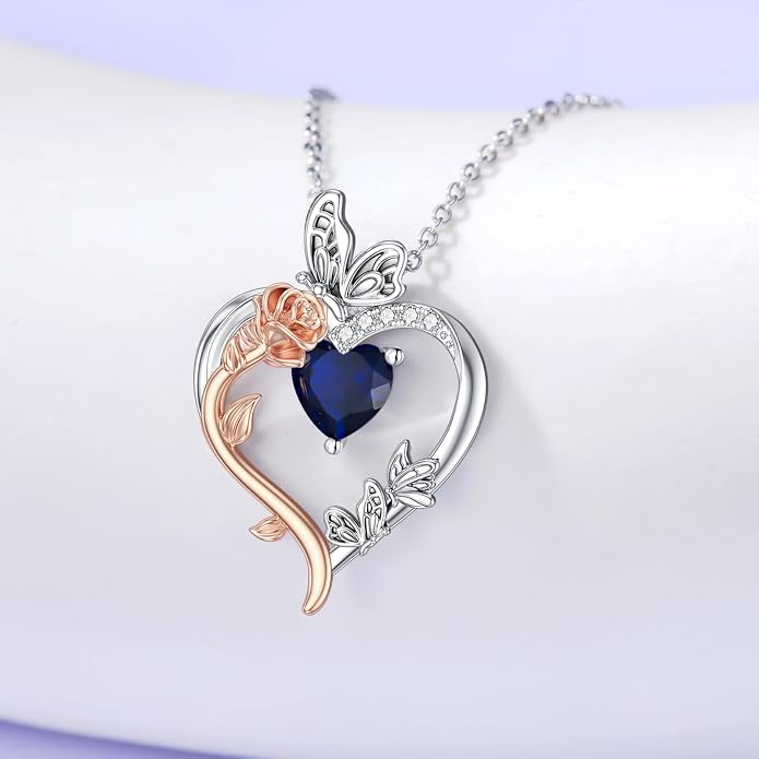 TOUPOP Rose Heart Birthstone Necklace 925 Sterling Silver Heart Butterfly Pendant Love Jewelry Birthday Gifts for Women Wife Mom Her