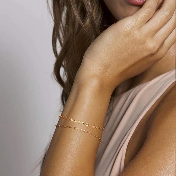 Dainty Gold Bracelets for Women, 14K Gold Plated Adjustable Layered Beads Bracelet Cute Evil Eye Oval Chain Pearl Bar Turtle Gold Bracelets for Women Jewelry