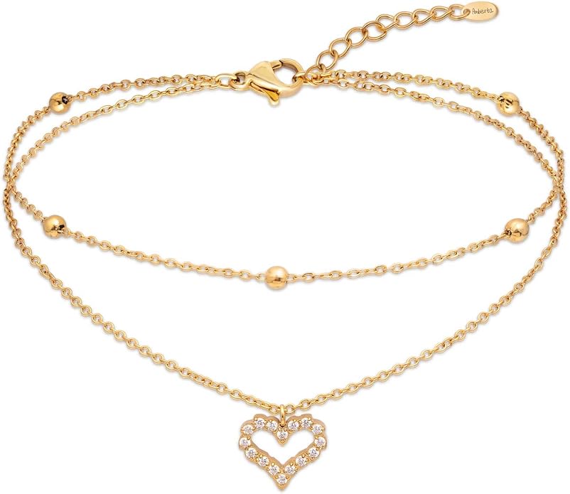 Amberta Silver Gold Waterproof Ankle Bracelets for Women | Boho Layered Anklets for Women | Summer Jewelry, Adjustable Ankle Chain Beaded Rope Heart