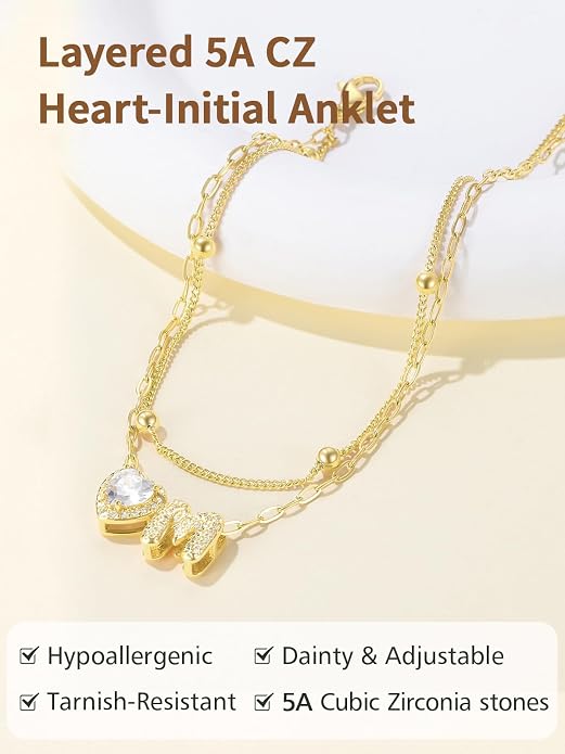 FindChic Silver/14K Gold Plated Layered CZ Initial Ankle Bracelet for Women | Waterproof Stainless Steel, Cubic Zirconia Letter Charm, Non-Tarnish, Hypoallergenic, Adjustable Extender, Summer Jewelry