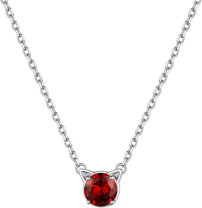 ChicSilver Bow and Cat Birthstone Necklace, 925 Sterling Silver Pendant Necklaces for Women, Hypoallergenic Silver Choker with 16 inch Rolo Chain, 12 Months Jewelry for Valentines Mothers Day Christmas