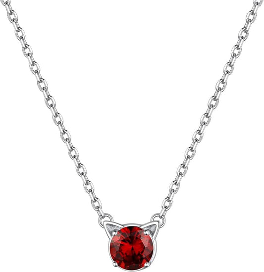ChicSilver Bow and Cat Birthstone Necklace, 925 Sterling Silver Pendant Necklaces for Women, Hypoallergenic Silver Choker with 16 inch Rolo Chain, 12 Months Jewelry for Valentines Mothers Day Christmas