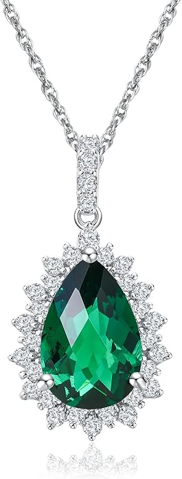 925 Sterling Silver Teardrop Necklace for Women Huge Created Gemstone Solitaire Halo Pendant Pear Cut Birthstone Necklace