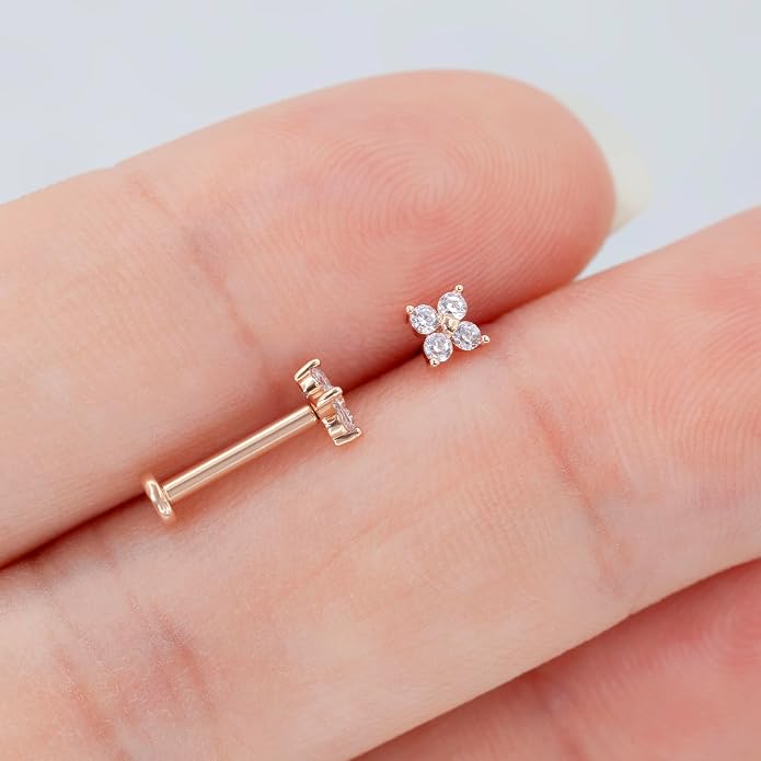 14K Yellow/White/Rose Gold Cartilage Earring Top Push in 1 Pcs Threadless Flower Flat Back Stud Nose Stud Lip Ring 16G Helix Tragus Piercing Jewelry for Women 6mm 8mm