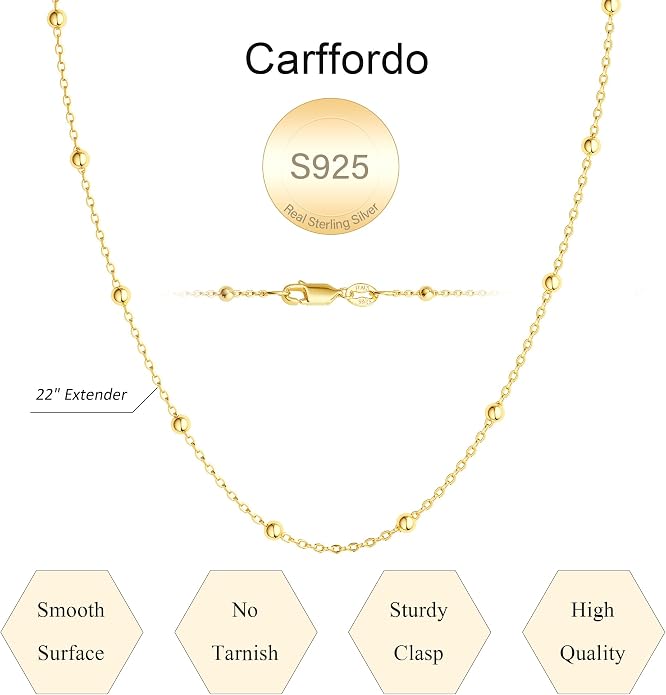 Carffordo 925 Sterling Silver Chain Necklace 16K Gold Plated Beaded Chain Necklace for Women Simple Dainty Choker Necklace Satellite Waterproof Link Necklace Trendy Jewelry Gifts