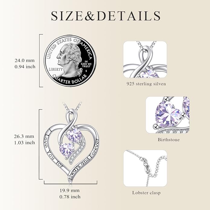 Hancock Forever Love Heart Birthstone Necklaces for Women 925 Sterling Silver Women Pendant Necklace, Mother’s Day Birthday Anniversary Jewelry Gift for Woman Mother Mom Wife Her