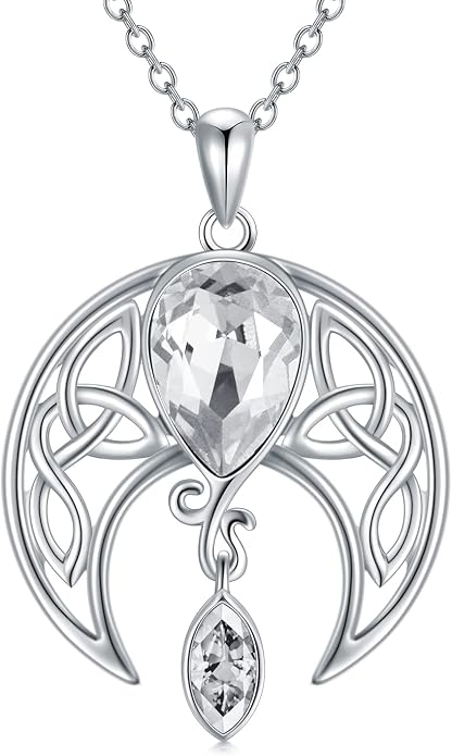 AOBOCO Sterling Silver Celtic Crescent Moon Goddess Pendant Irish Good Luck Necklace with Birthstone Crystal, Celtic Moon Jewelry Gift for Women Mom Wife