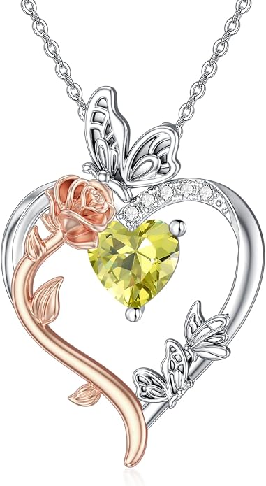 TOUPOP Rose Heart Birthstone Necklace 925 Sterling Silver Heart Butterfly Pendant Love Jewelry Birthday Gifts for Women Wife Mom Her