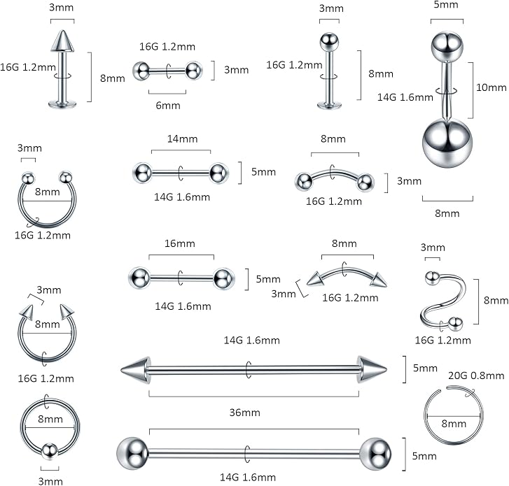 Xpircn 150PCS Piercing Kit Jewelry Stainless Steel Lip Nose Tongue Tragus Cartilage Daith Eeybrow Belly Button Rings Body Piercing Tools 14G 16G 20G