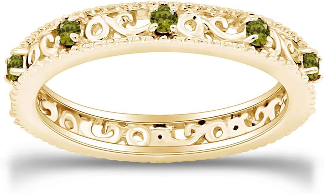 Jewel Zone US Filigree Eternity Wedding Band Ring for Women, Round Cut Simulated Gemstone Stackable Promise Ring in 14K Gold Plated 925 Sterling Silver Band Width 3.5mm – Elegant Jewelry for Her