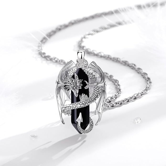 INFUSEU Unique Dragon Necklaces with Healing Crystal Stone for Men Women, Personalized Spiritual Gifts, 24 Inch Chain