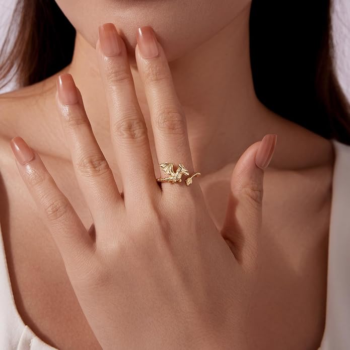 Adjustable Koi Fish Smake Dachshund Kitten Cat Hummingbird leaf Dragon Stackable Rings Lucky Protection Gold Adjustable Animal Themed Fortune Protection Ring Good Luck Statement Jewelry Women Grandma Mom Daughter