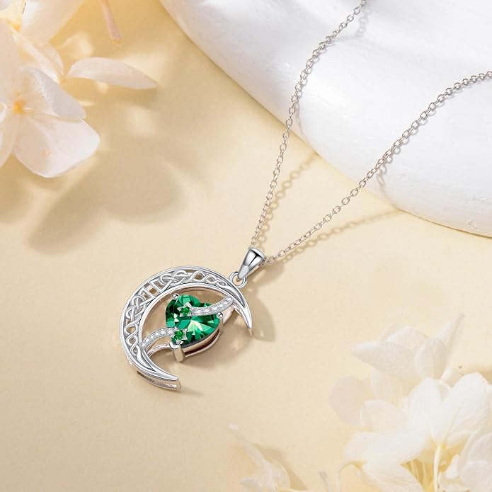 TOUPOP Moon and Star Birthstone Necklace for Women 925 Sterling Silver Celtic Moon Jewelry Birthday Mothers Day Gifts for Mom Wife Her