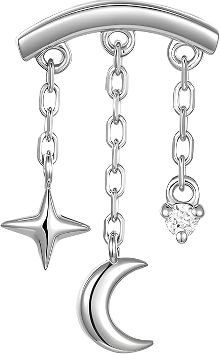 Sterling Silver 925 Flat Back Earring for Women Hidden Helix Piercing Jewelry 16G Star Moon Dangle Cartilage Internally Threaded Tragus Conch Stud Screw Cubic Zirconia Ear Ring