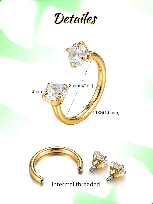 Oveta 18G Horseshoe Nose Rings for Women, 16G 20G Surgical Steel Nose Ring Hoop 6/8/10/12mm, Internally Threaded Tragus Cartilage Helix Earrings Silver/Gold, 3mm CZ