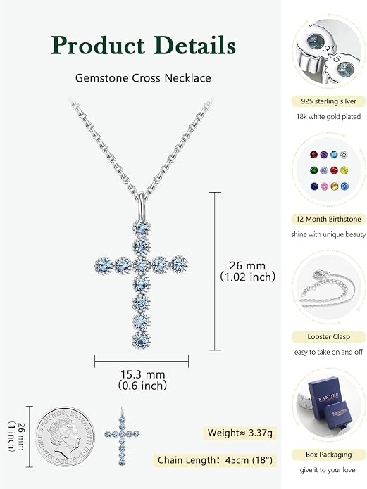 Sterling Silver Cross Necklace for Women Birthstone Religious Jewelry